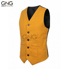 Men's Wedding Yellow Wool 5 Button Vest Scottish Kilt Waistcoat