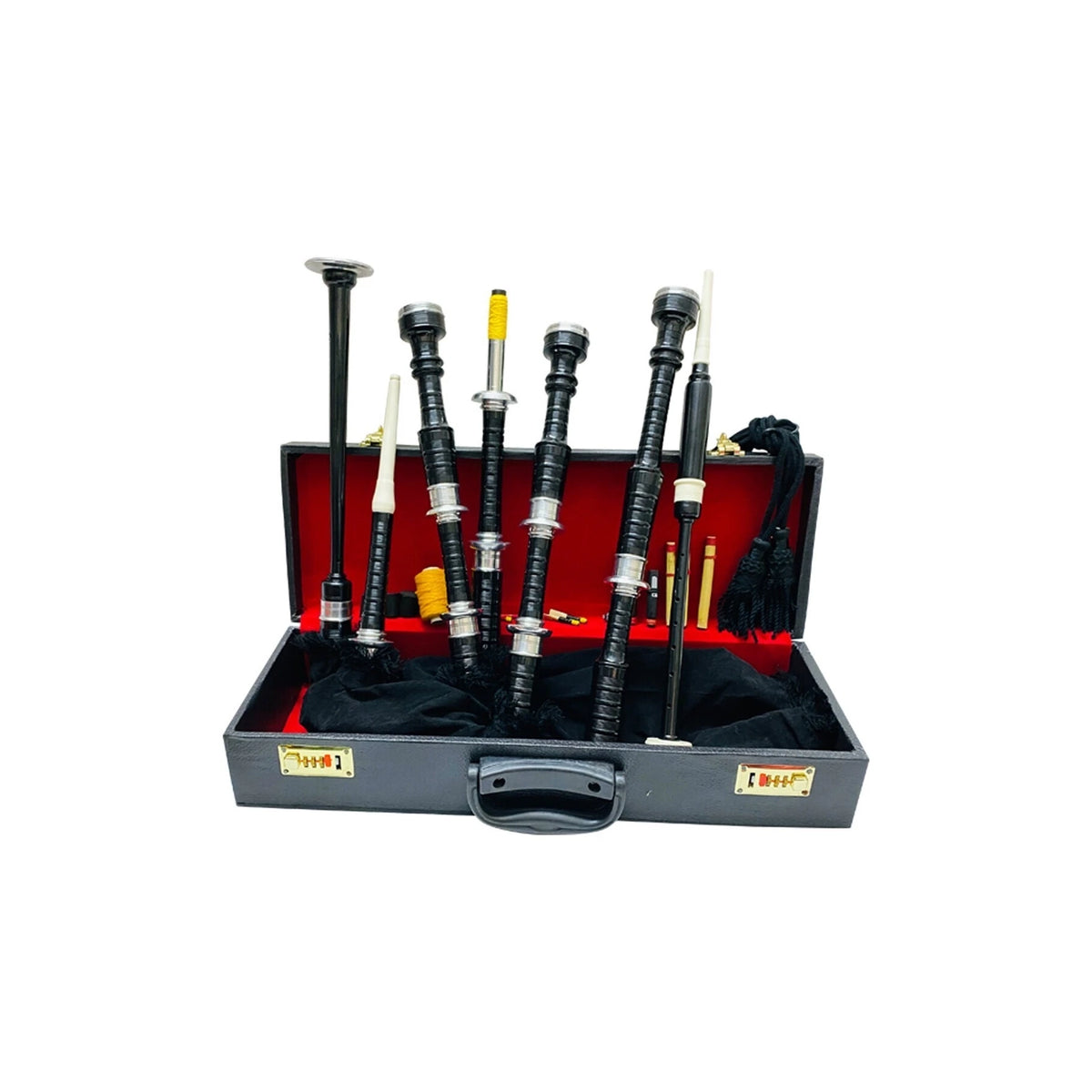Black Bagpipe Full Practice Chanter Scottish Silver Mouth with Hard Case