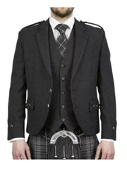 Men’s Scottish Charcoal grey wool Argyle kilt jacket with 5 button waistcoat