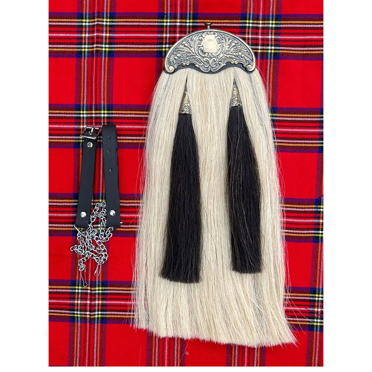 Scottish White Antique Horse Hair Sporran 2 Black Tassels Bagpiper Kilt Sporran