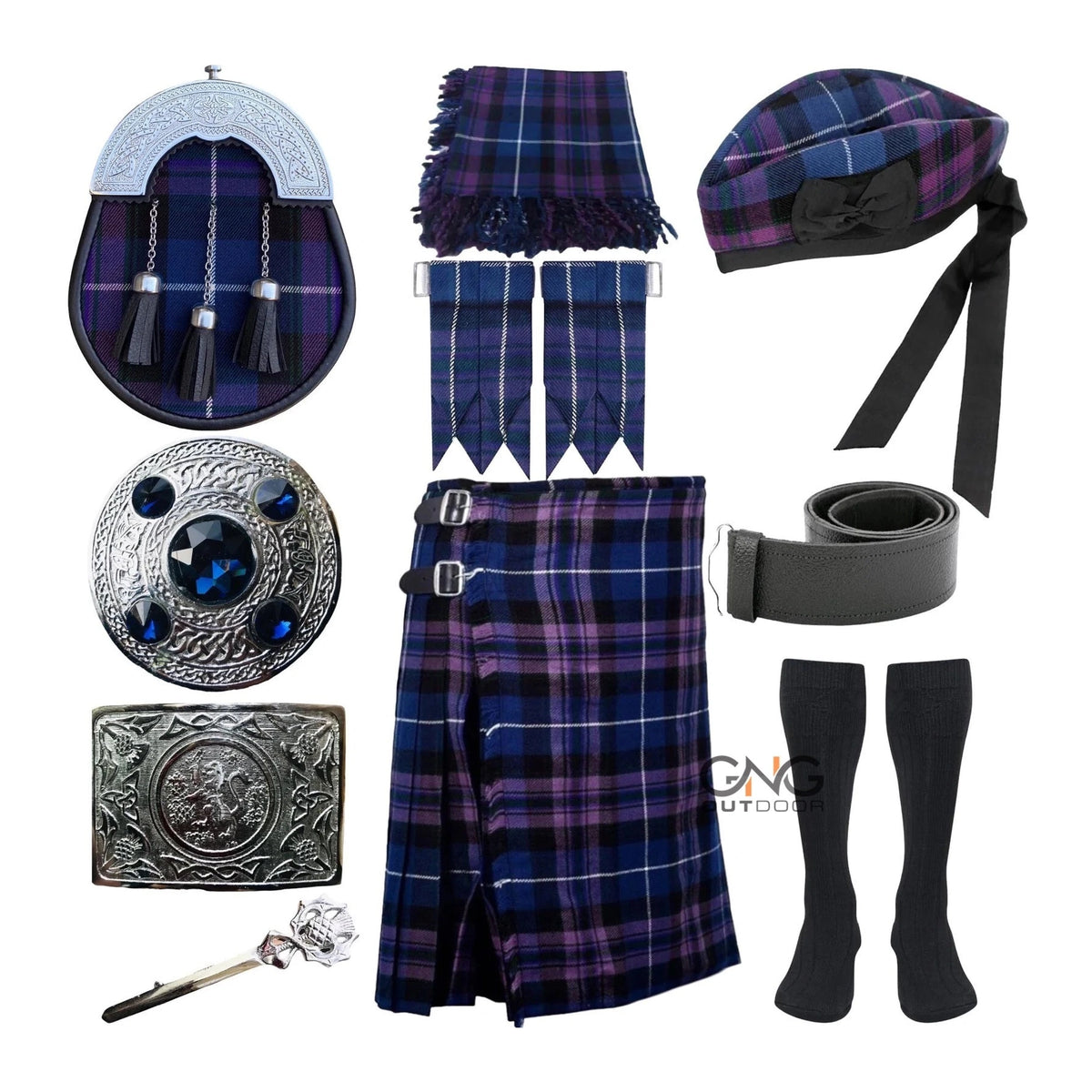 Scottish Men's 10 Pieces Tartan Sporran Kilt Outfit Wedding Kilt Set with Hat