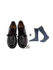 Scottish Men's Black Leather Ghillie Brogues Kilt Shoes with Grey Socks
