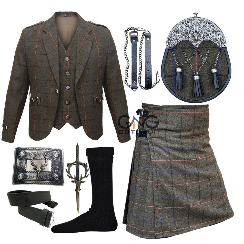 Scottish Men's Tweed Jacket 7 pieces Kilt Outfit Weeding Jacket Kilt set