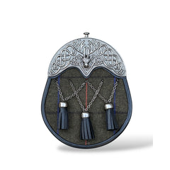 Scottish Men's Tweed Stag Head Cantle Sporran 3 Cross Chain Tassels With Chain