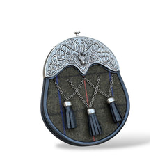 Scottish Men's Tweed Stag Head Cantle Sporran 3 Cross Chain Tassels With Chain