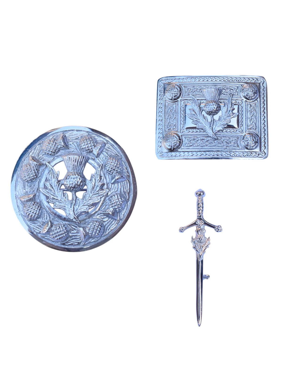 Men's Scottish Thistle Chrome Kilt Pin, Brooch, Buckle