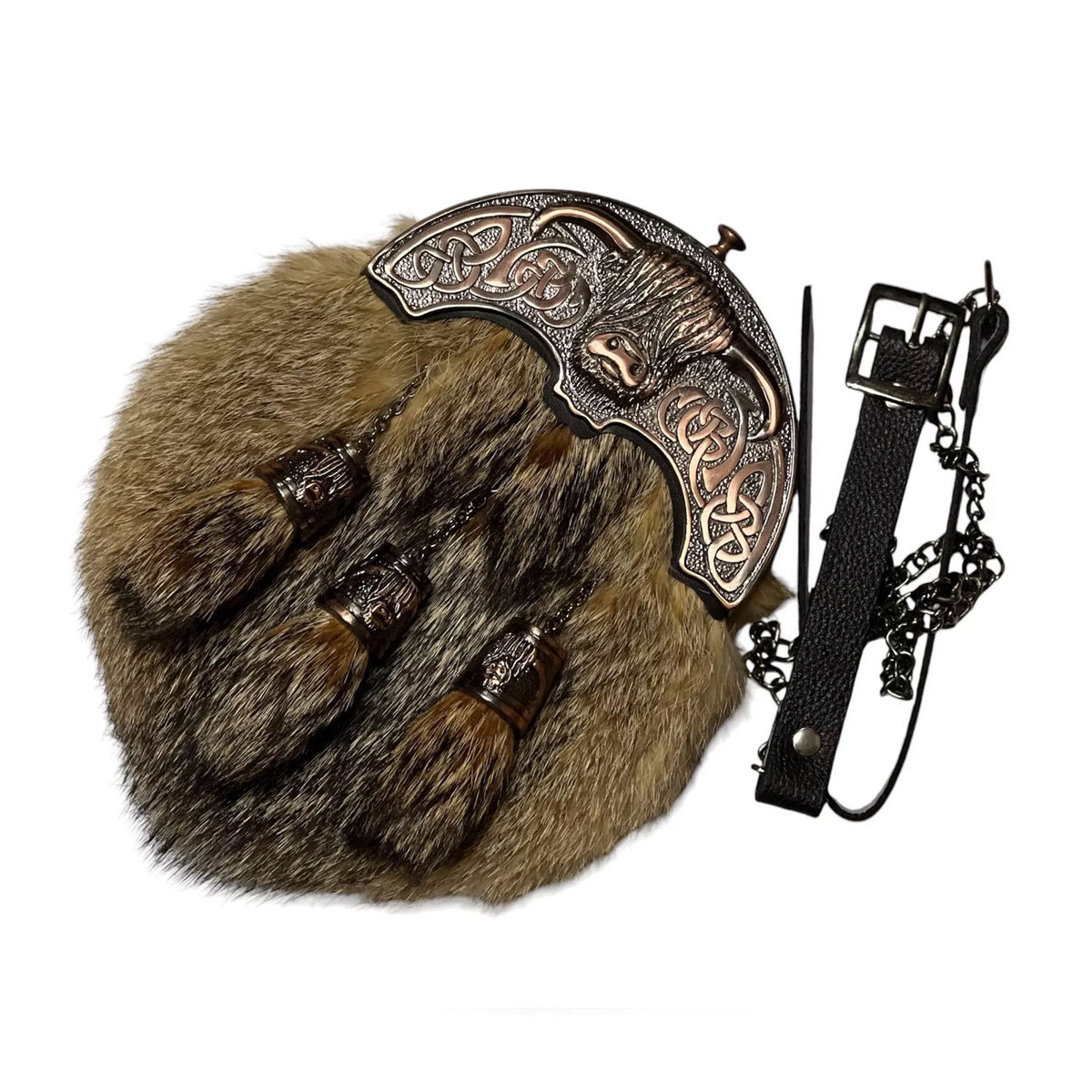 Men's Scottish Full dress Fur Sporran 3 Tassel Cow Sporran & Chain Belt