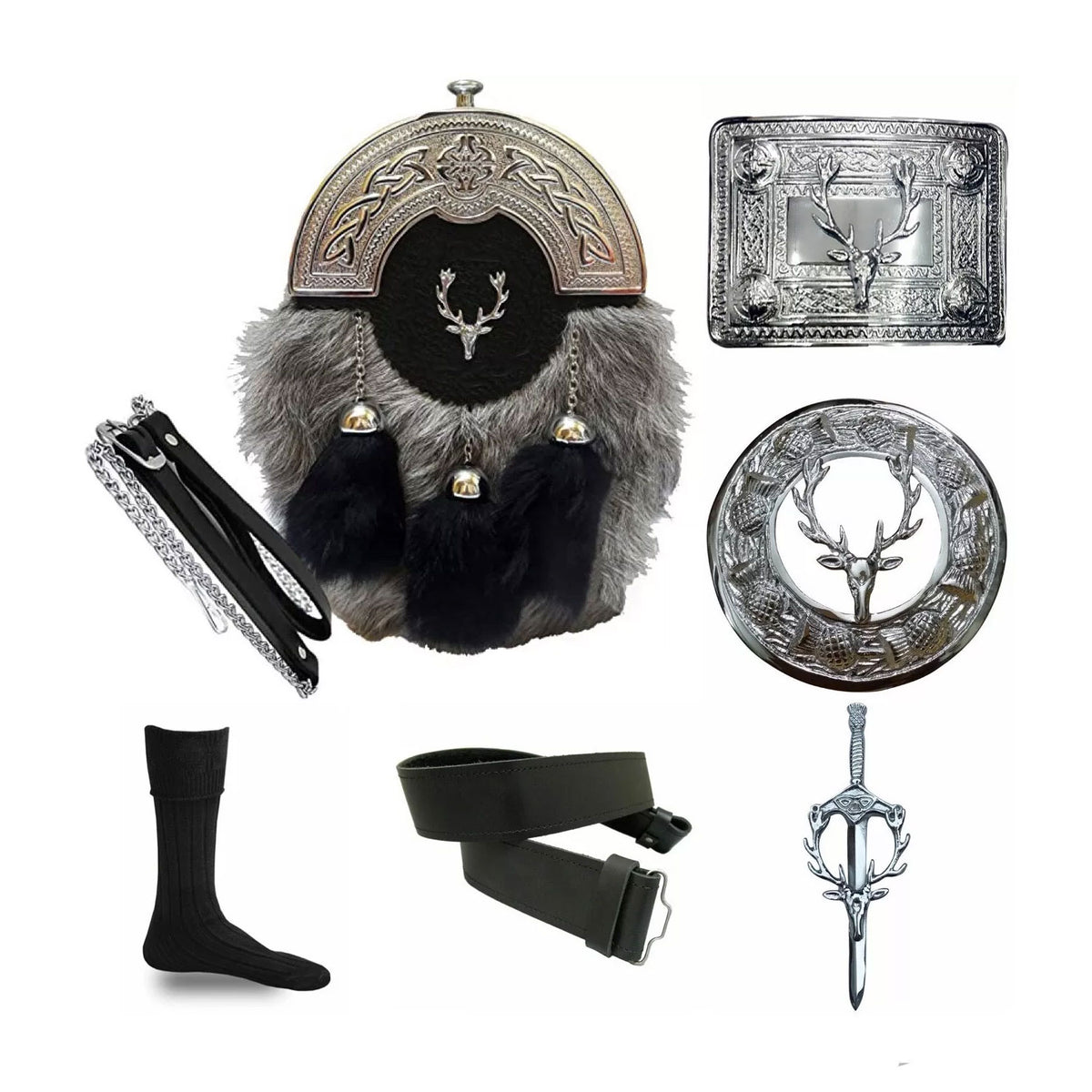 Stag Head Sporran Set Antique Fur Sporran, Brooch, Buckle, Pin, Belt, Chain