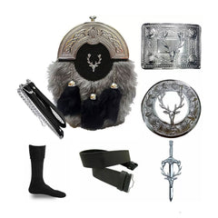 Stag Head Sporran Set Antique Fur Sporran, Brooch, Buckle, Pin, Belt, Chain