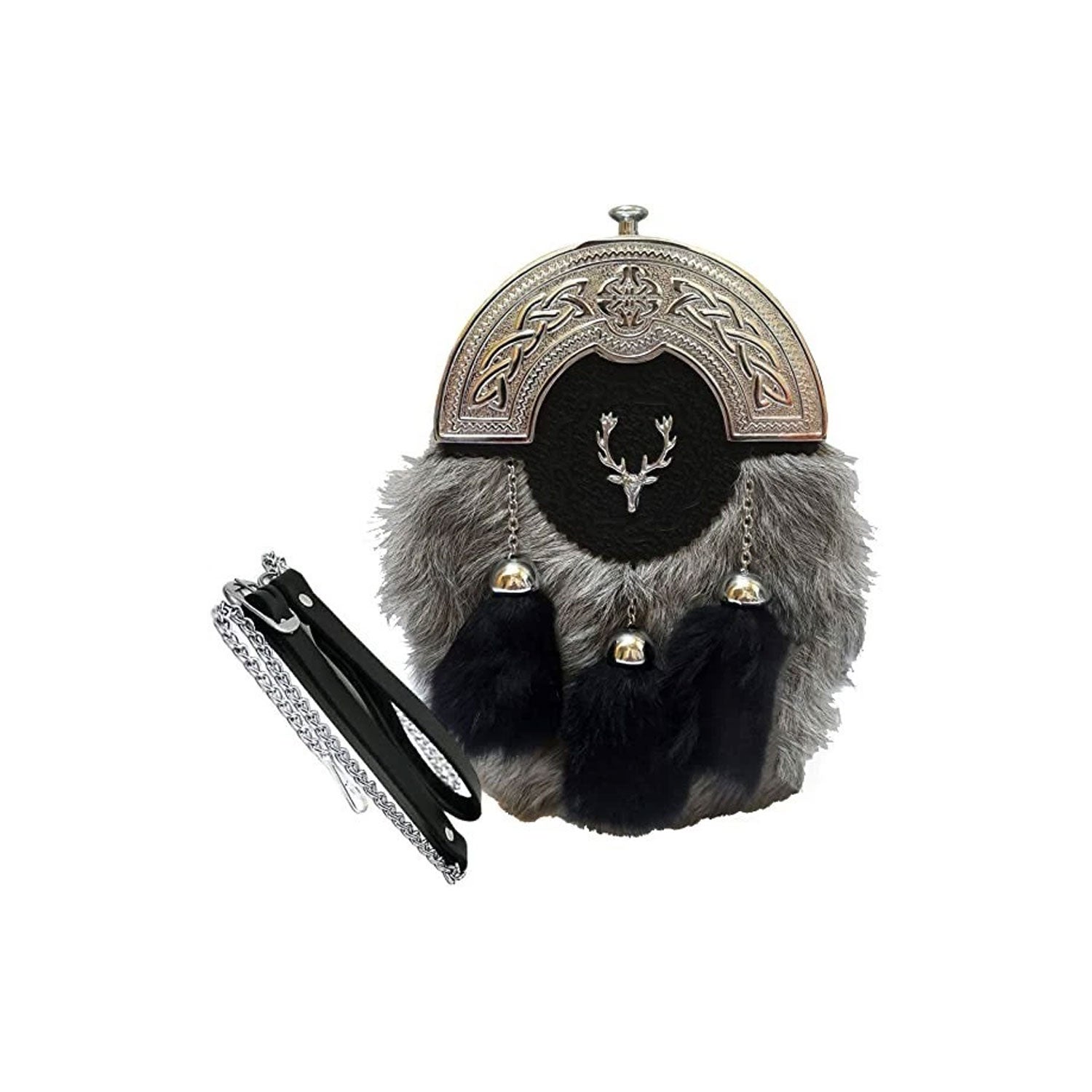 Stag Head Sporran Set Antique Fur Sporran, Brooch, Buckle, Pin, Belt, Chain