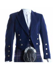 Men's Scottish Blue Wool Prince Charlie Jacket 3 Button Vest Kilt wedding Jacket