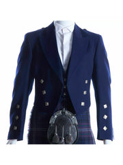 Men's Scottish Blue Wool Prince Charlie Jacket 3 Button Vest Kilt wedding Jacket