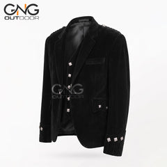 Men’s Formal Black Velvet Argyle Jacket with Embellished Gauntlet Cuffs