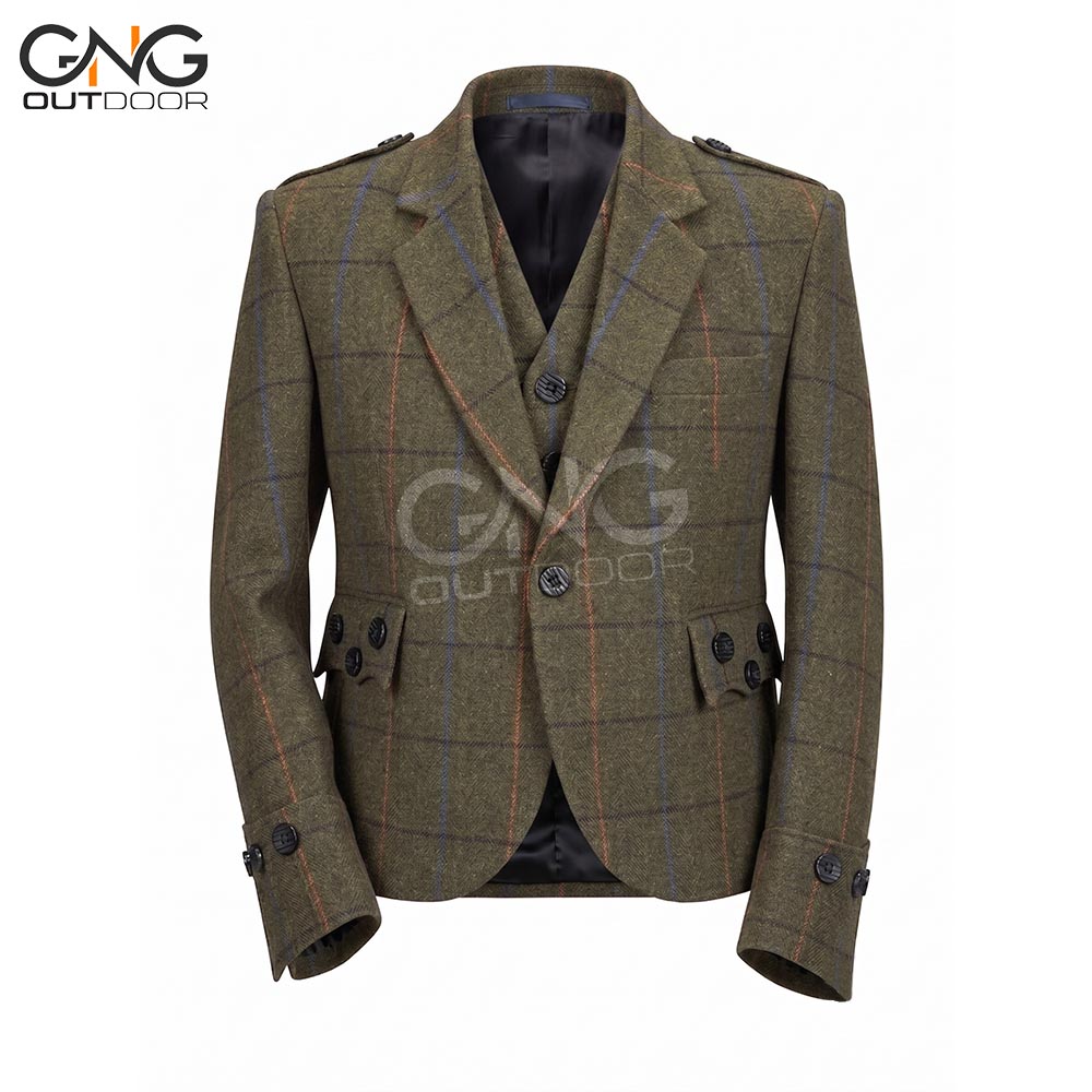 Men's Argyle Tweed Jacket with Gauntlet Cuffs, Scottish Highland Blazer, Tartan Formal Coat