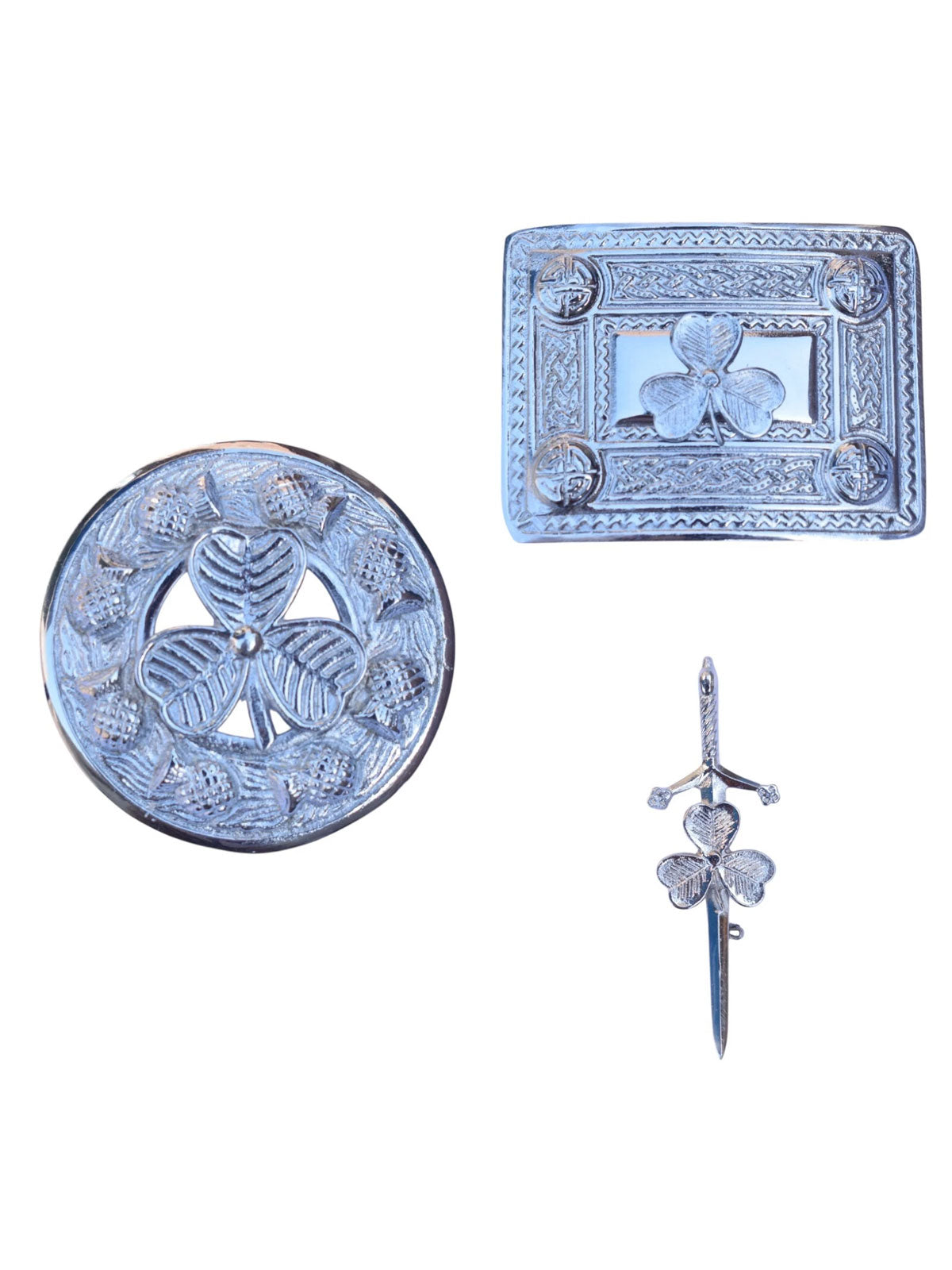 Men's Scottish Shamrock Chrome Kilt Pin, Brooch, Buckle