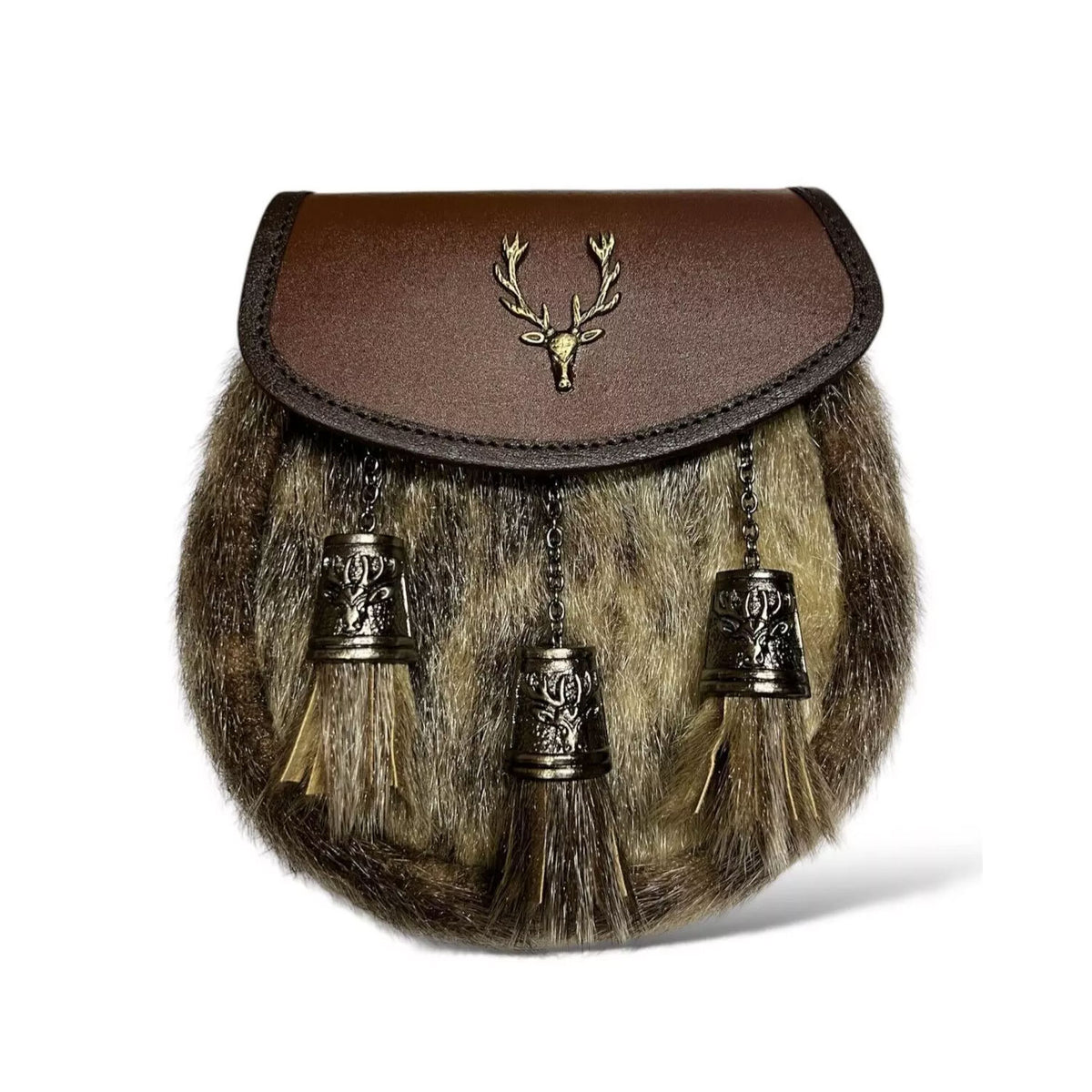 Men' Stag Head Badge Scottish Brown Kilt Sporran 3 Tassels Kilt Sporran & Chain
