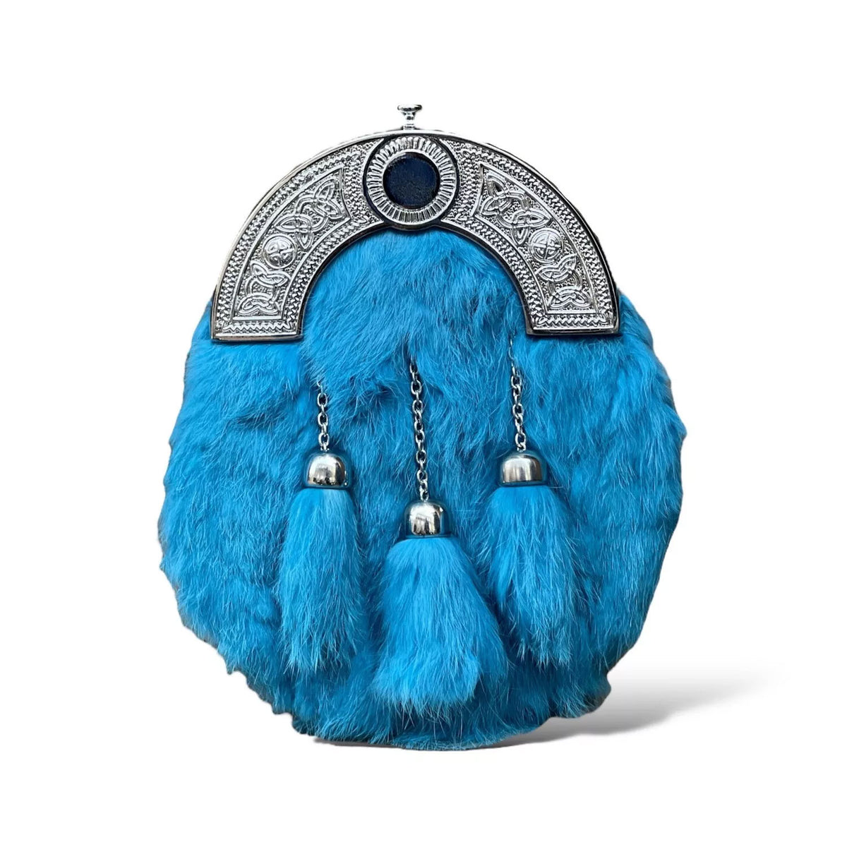 Men's Scottish Sky Blue Fur Sporran 3 Tassels Kilt Sporran With Chain Belt