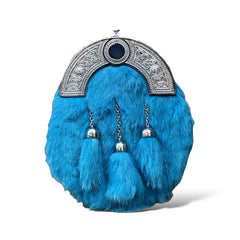 Men's Scottish Sky Blue Fur Sporran 3 Tassels Kilt Sporran With Chain Belt