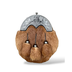 Men's Chrome Thistle Cantle Brown Fur Sporran 3 Tassels Sporran With Chain Belt