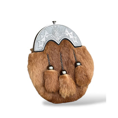 Men's Chrome Thistle Cantle Brown Fur Sporran 3 Tassels Sporran With Chain Belt