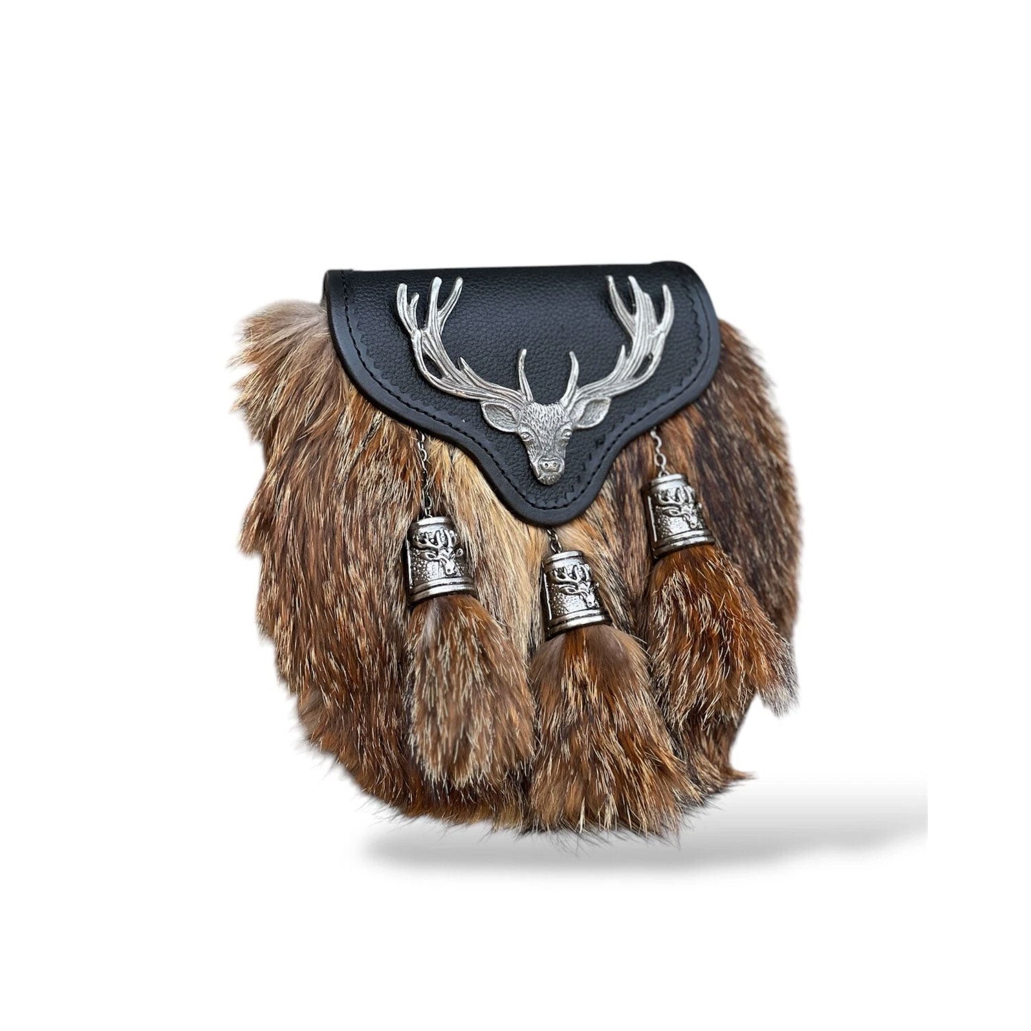 Scottish Men's Stage Head Fur Sporran 3 Tassels Sporran With Chain Belt