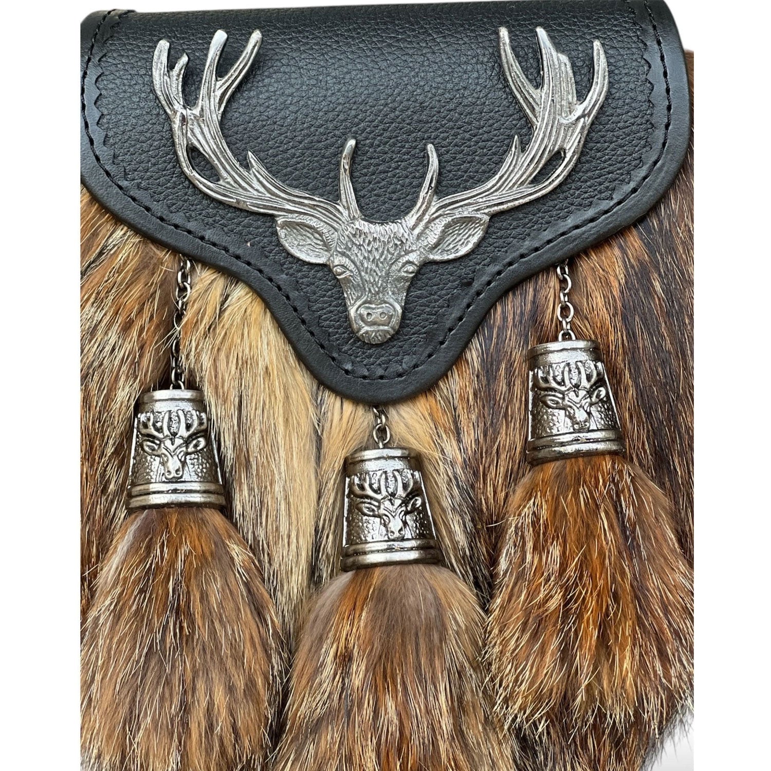 Scottish Men's Stage Head Fur Sporran 3 Tassels Sporran With Chain Belt