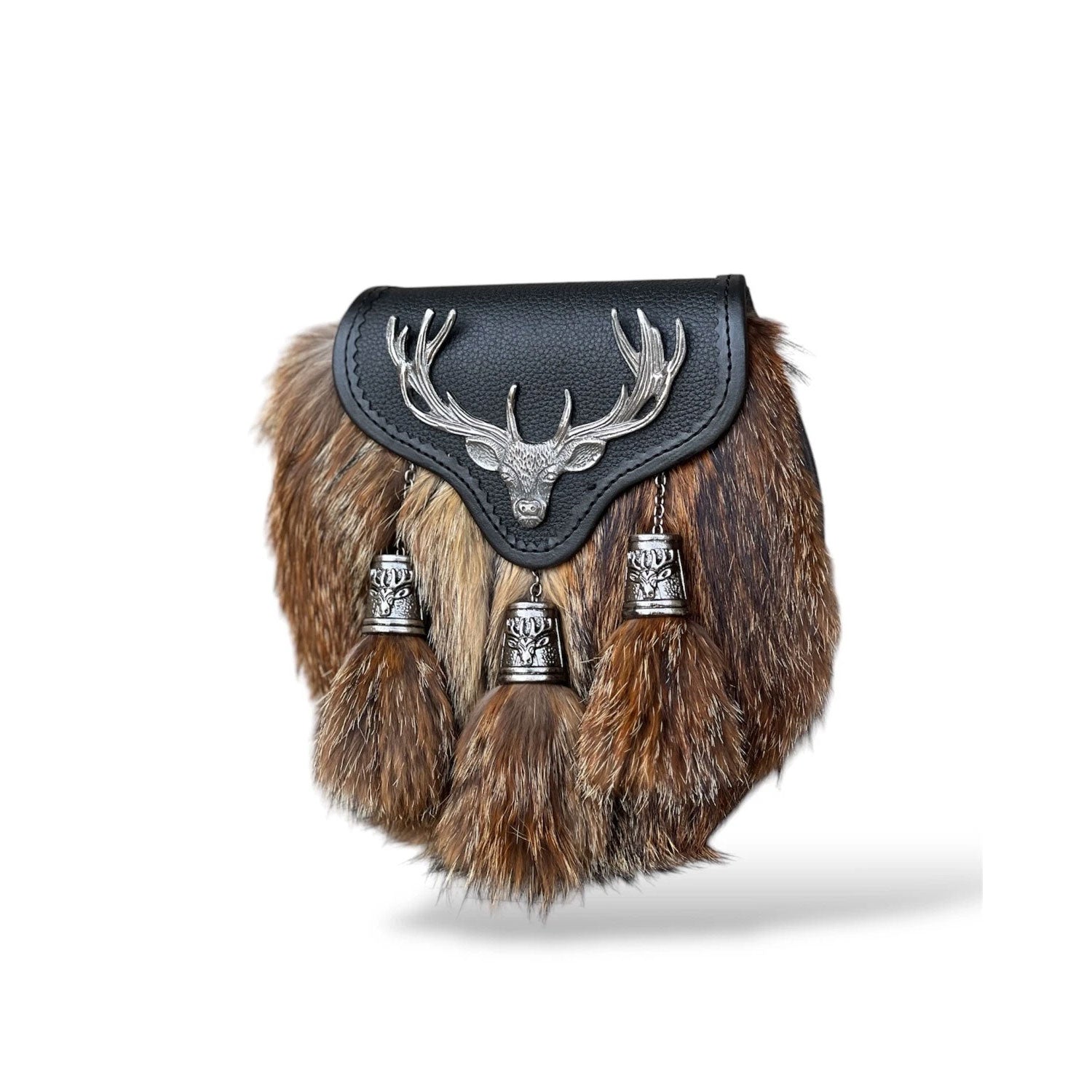 Scottish Men's Stage Head Fur Sporran 3 Tassels Sporran With Chain Belt
