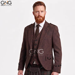 Men's Brown Tweet Argyle Kilt Jacket And 5 Button Vest Wedding Kilts Jacket
