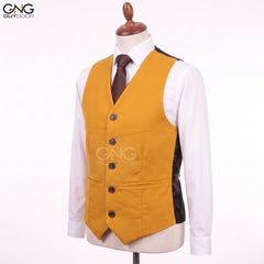 Men's Wedding Yellow Wool 5 Button Vest Scottish Kilt Waistcoat