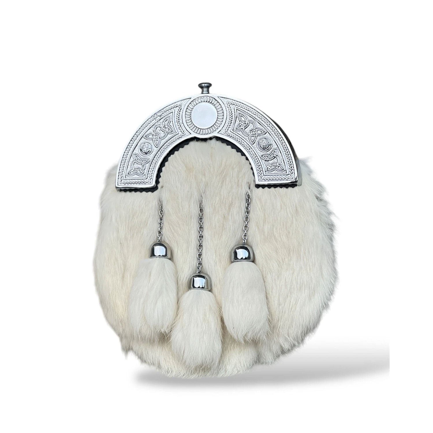 Men's Scottish White Fur Sporran 3 Tassels Sporran With Chain Belt