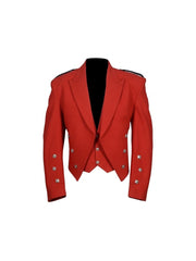 Men's Scottish Red Wool Prince Charlie Jacket 3 Button Vest Kilt wedding Jacket