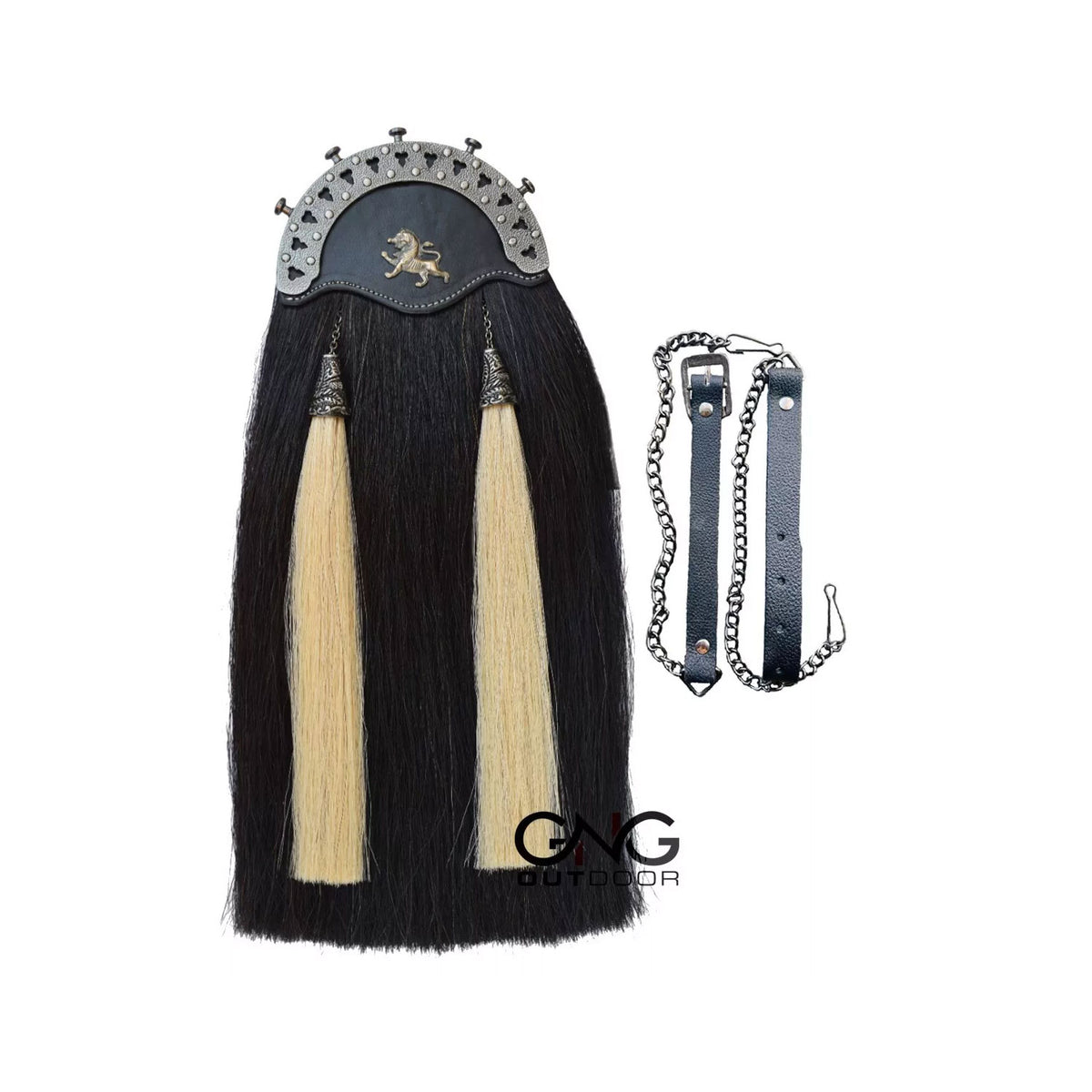 Men's Scottish Antique Lion Badge Black Horse Hair Sporran Two White Tassel