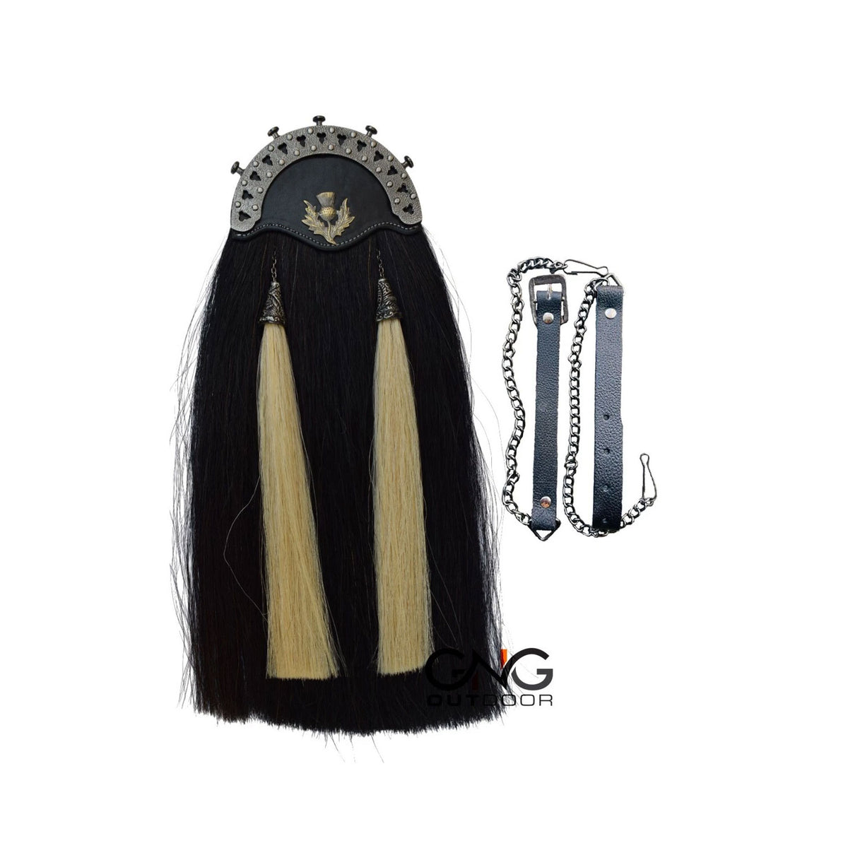 Men's Scottish Antique Thistle Badge Black Horse Hair Sporran Two White Tassel