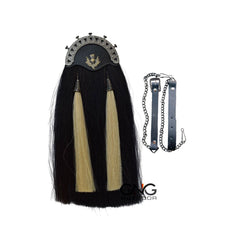Men's Scottish Antique Thistle Badge Black Horse Hair Sporran Two White Tassel