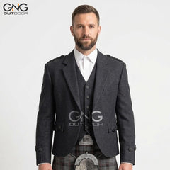 Men’s Scottish Charcoal grey wool Argyle kilt jacket with 5 button waistcoat