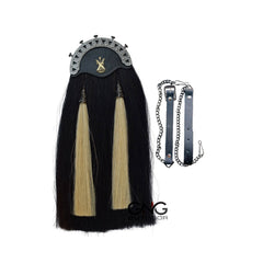 Men's Scottish Antique St Andrew Badge Black Horse Hair Sporran Two White Tassel
