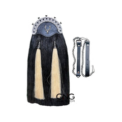 Men's Scottish Stage Head Badge Black Horse Hair Sporran Two White Tassel