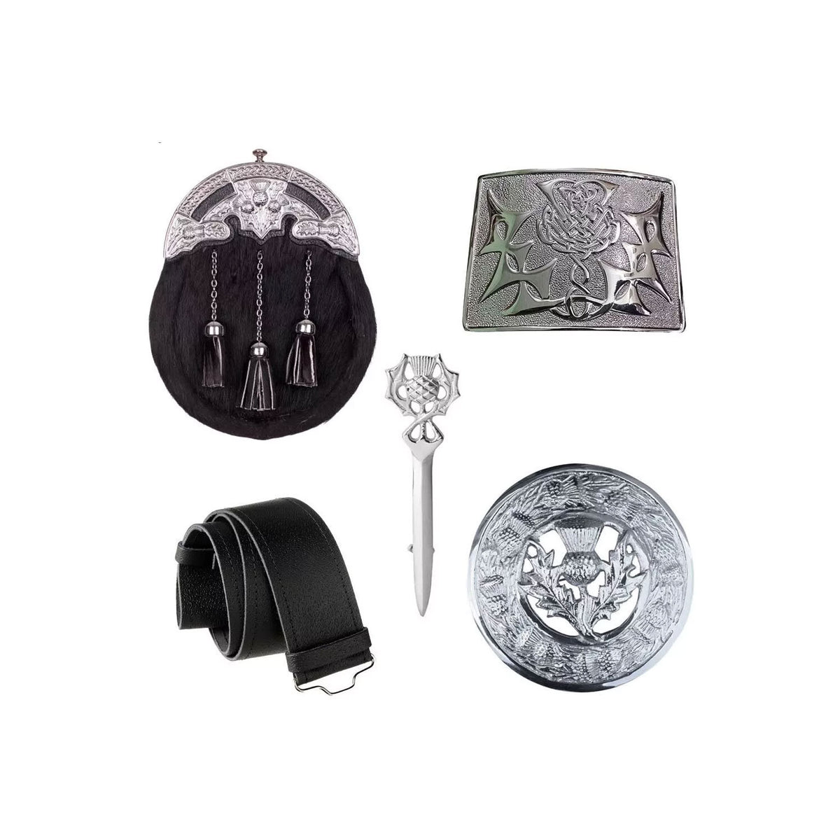 Scottish Black Sporran Set Chrome Sporran, Brooch, Buckle, Pin, Belt, Chain