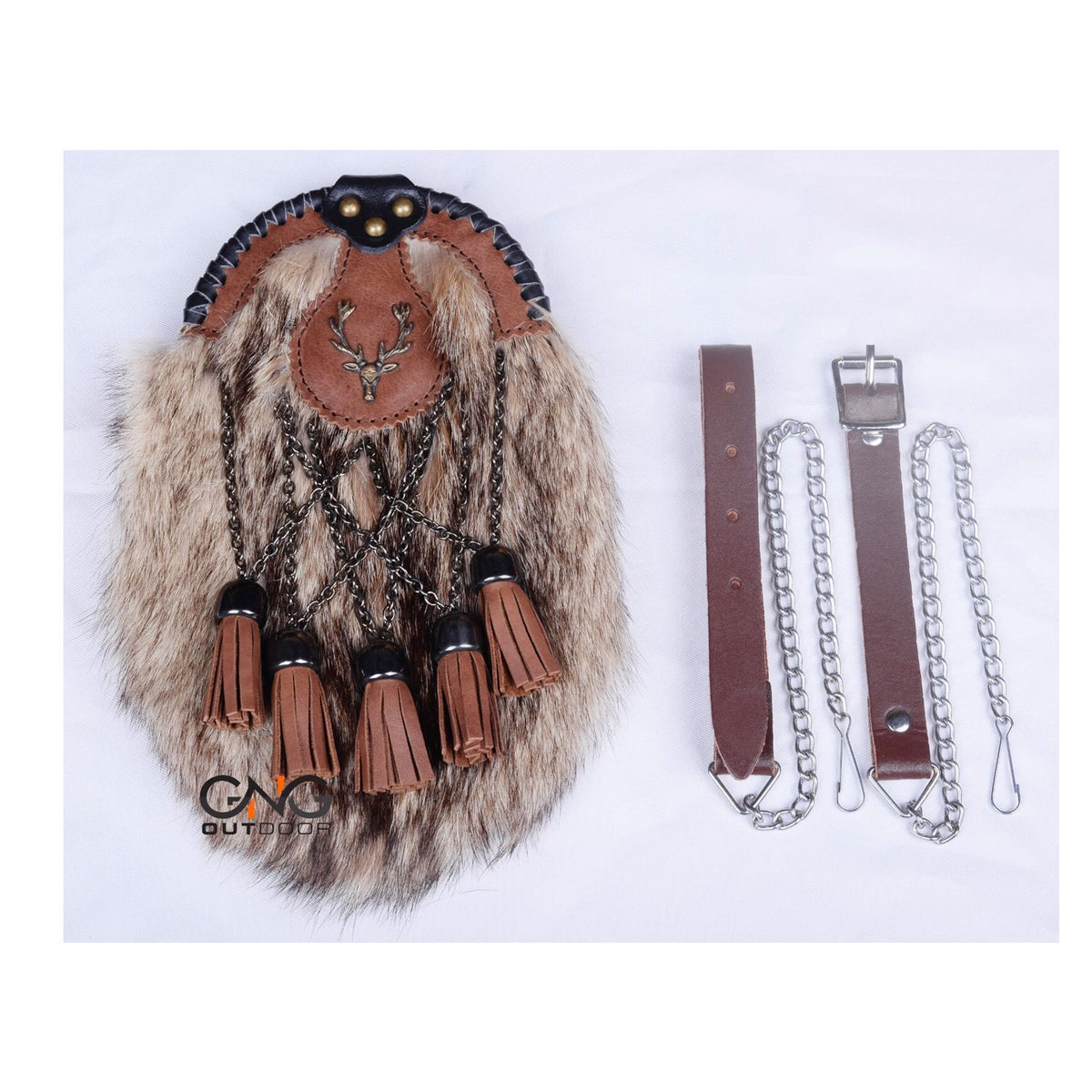 Scottish Fox Full Dress 5 Tassels Kilt Sporran - Brown Leather Stag Head Badge
