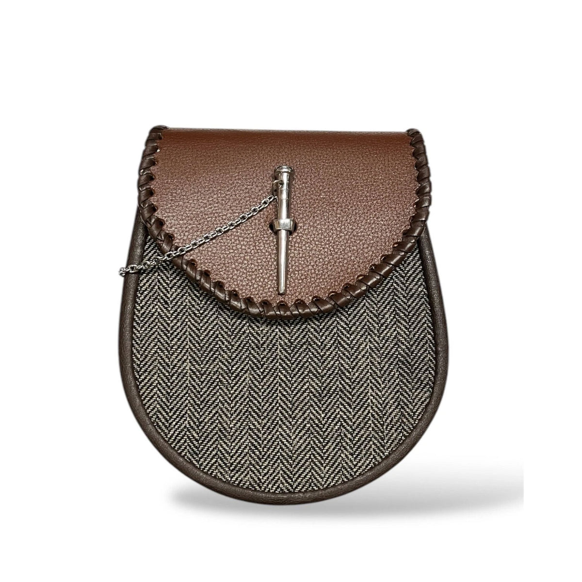 Men's Scottish Brown Tweed Pin Lock Leather Sporran With Chain Strap