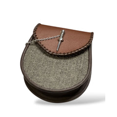 Men's Scottish Brown Tweed Pin Lock Leather Sporran With Chain Strap