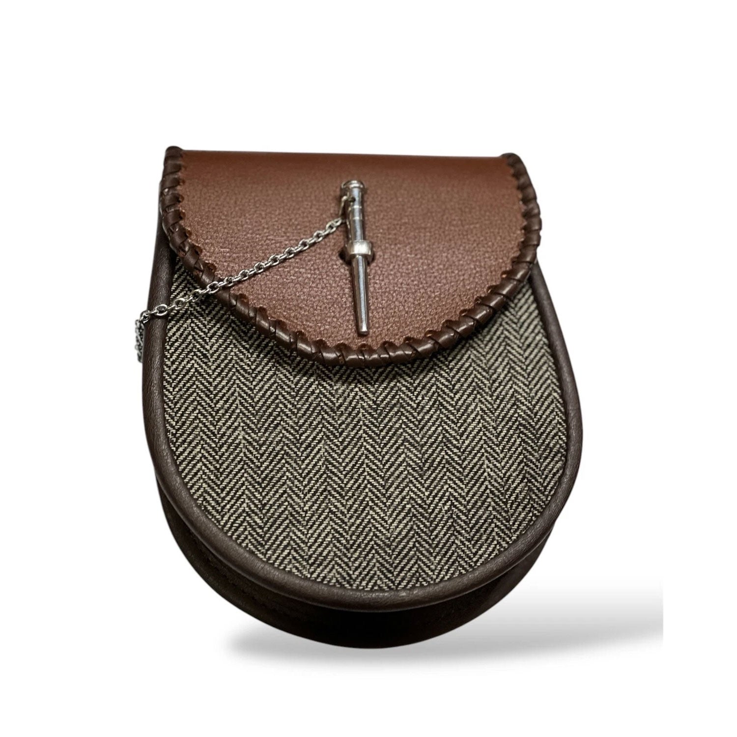 Men's Scottish Brown Tweed Pin Lock Leather Sporran With Chain Strap