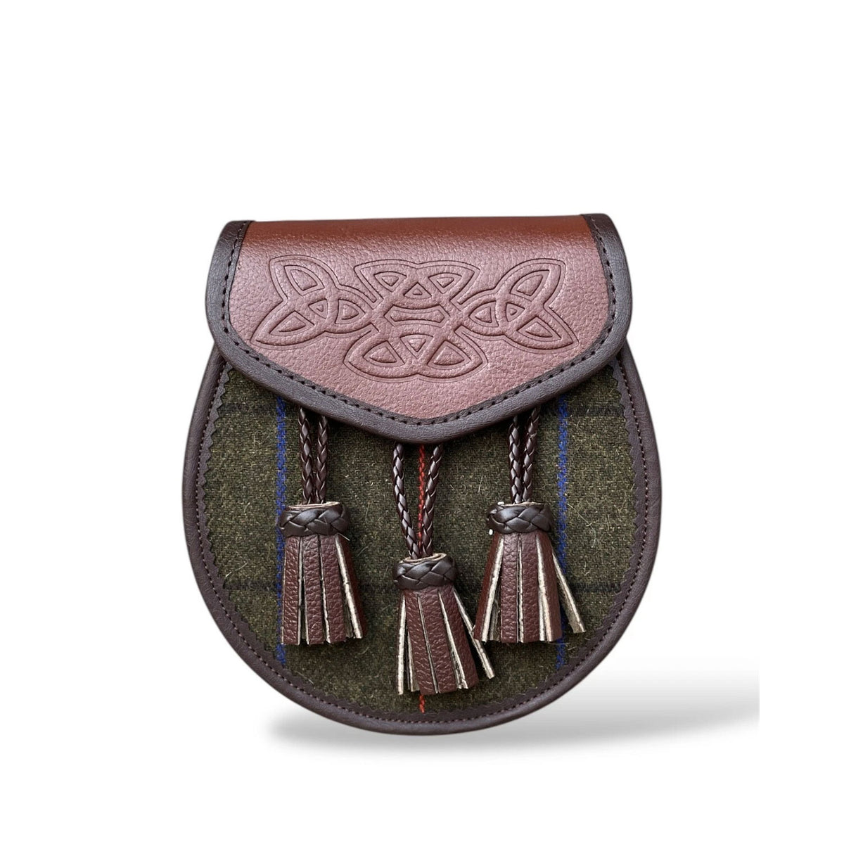 Men's Scottish Brown Leather Inside Double Bag Tweed Sporran | With Chain Strap