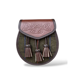 Men's Scottish Brown Leather Inside Double Bag Tweed Sporran | With Chain Strap
