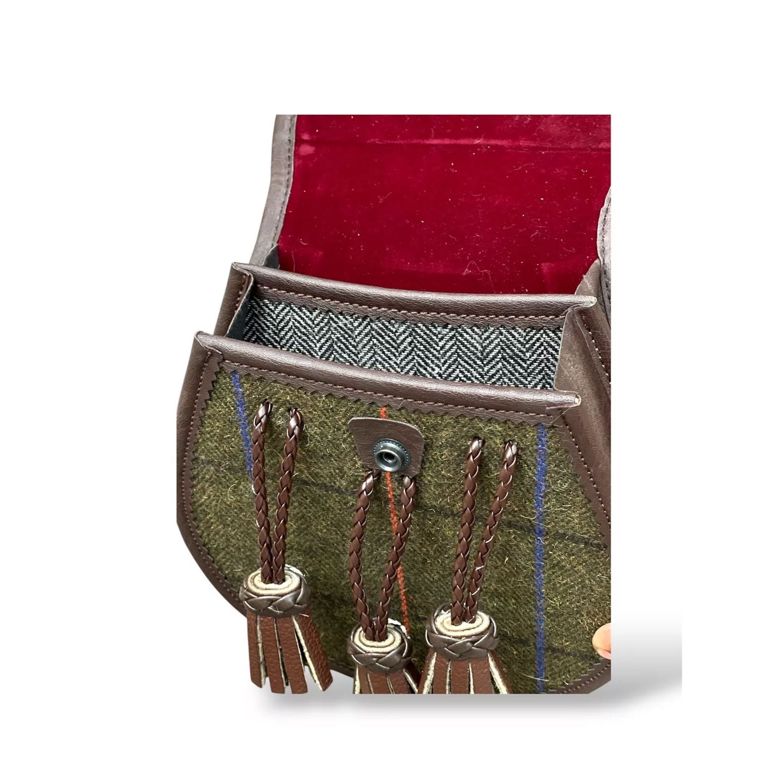 Men's Scottish Brown Leather Inside Double Bag Tweed Sporran | With Chain Strap