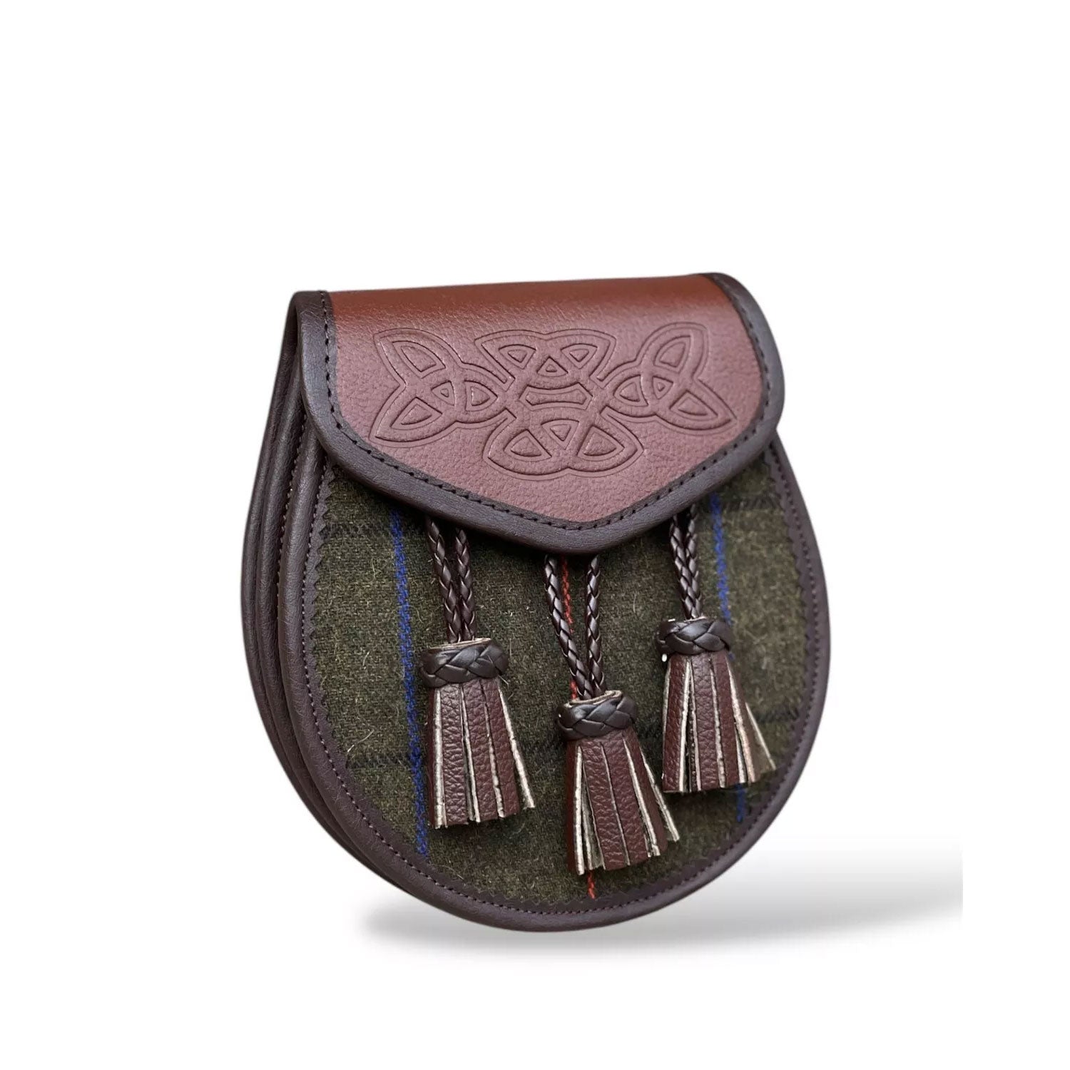 Men's Scottish Brown Leather Inside Double Bag Tweed Sporran | With Chain Strap