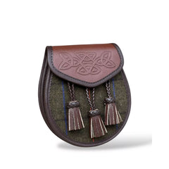 Men's Scottish Brown Leather Inside Double Bag Tweed Sporran | With Chain Strap