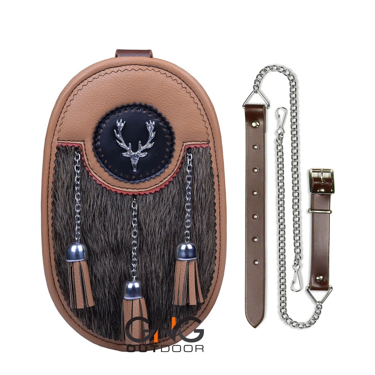Handmade Kilt Sporran - Stag Head Badge, Leather Chain & Strap