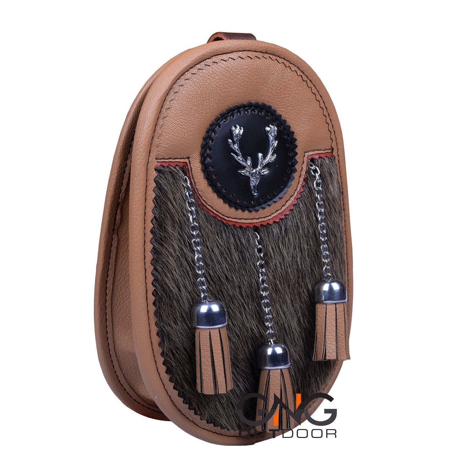 Handmade Kilt Sporran - Stag Head Badge, Leather Chain & Strap