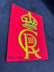 His Majesty The King’s Cypher CIIIR Gold Hand Embroidered Cypher Blazer Badge On Red Background